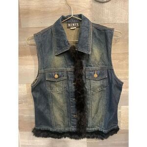 MIXIT dark wash faded rabbit fur lined denim vest S